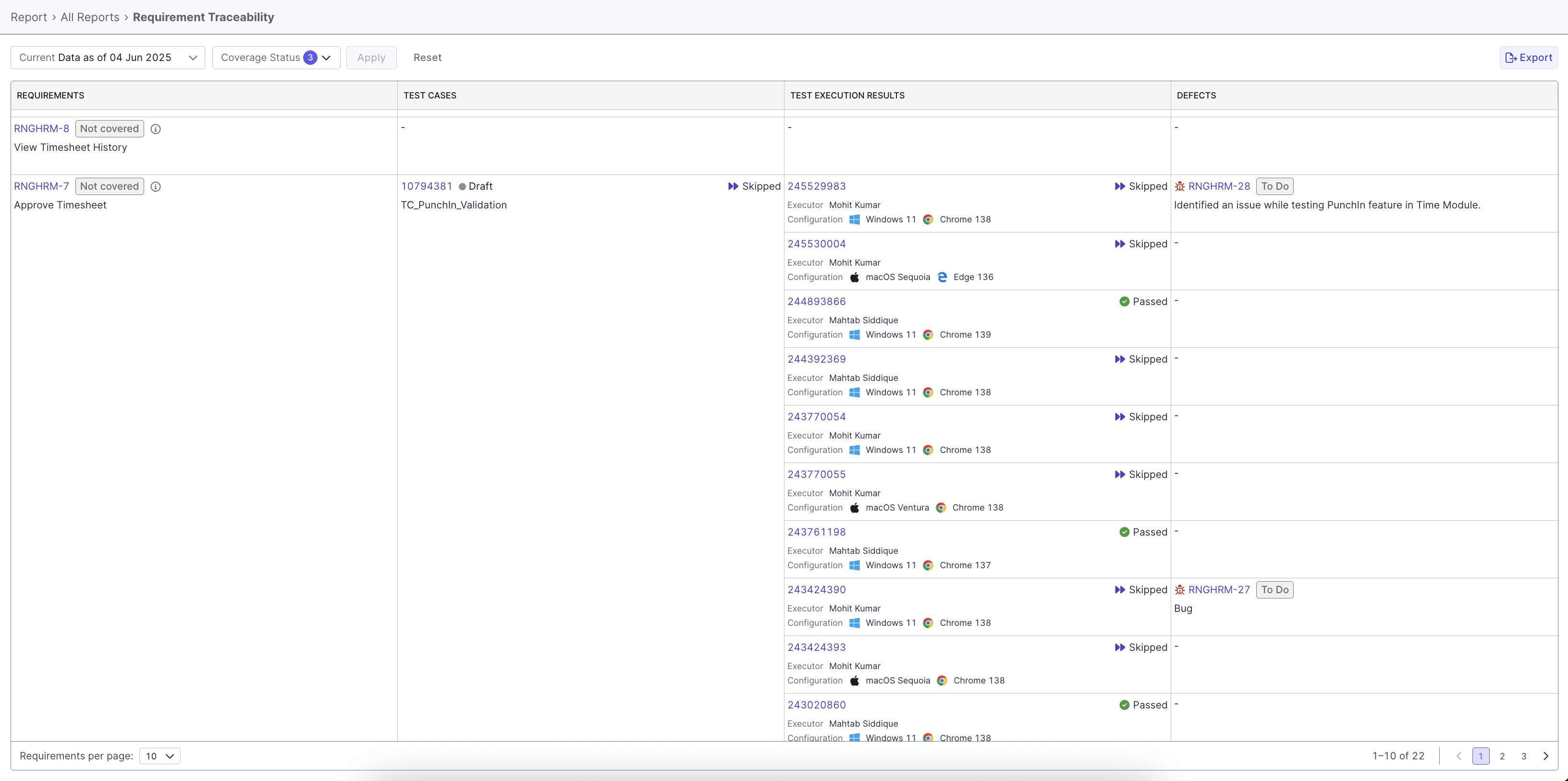 The Requirement Traceability Report page in Katalon TestOps.